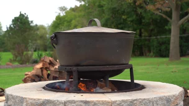 Old Fashioned Iron Kettle Fire Outdoor Campfire Video Clip