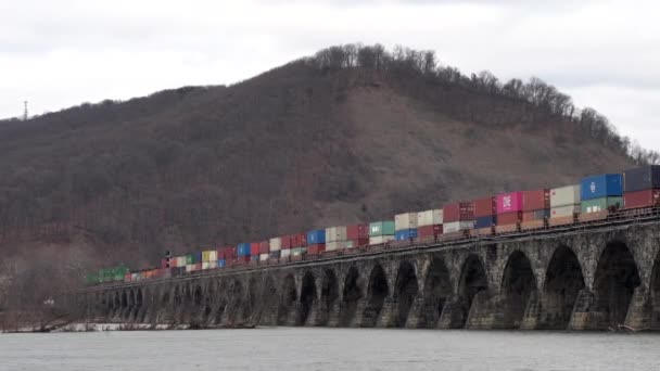 Harrisburg Pennsylvania Січня 2021 Поїзд Перетинає Кам Яний Міст Через — стокове відео