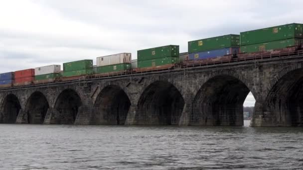 Harrisburg Pennsylvania Ianuarie 2021 Trenul Care Traversează Pod Piatră Peste — Videoclip de stoc