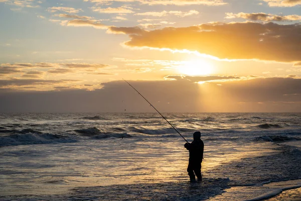 Fisherman Fishing Breaking Waves Seashore Sun Rising Morning Stock Picture
