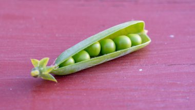 An open pod with green peas in it.