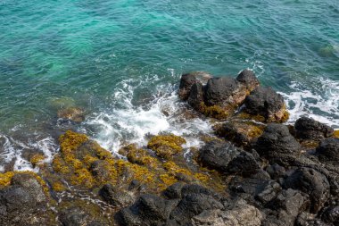 Tropik bir adada kayalık bir sahil manzarası..