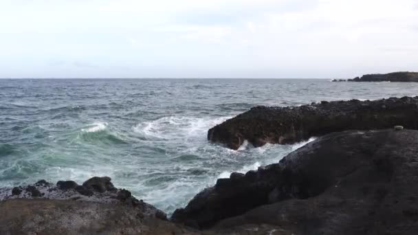 Oceaangolven Breken Rotsen Langs Kust Spuiten Lucht — Stockvideo