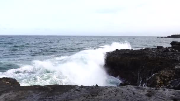Fale Oceaniczne Rozbijają Się Skałach Wzdłuż Wybrzeża Wyrzucając Spray Powietrze — Wideo stockowe
