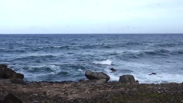 Havsvågorna Bryter Klipporna Längs Stranden Gjutning Spray Luften — Stockvideo