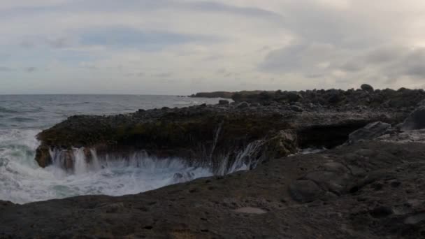 Havsvågorna Bryter Klipporna Längs Stranden Gjutning Spray Luften — Stockvideo