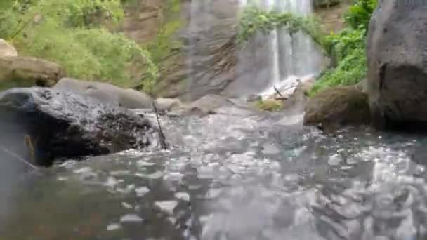 Ormandaki Şelalenin Dibindeki Suyun Alçak Açılı Görüntüsü — Stok video