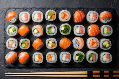 Büyük miktarda suşi rulosu, nigiri ve somon parçalarını koyu bir levhaya serpiştirdim. İçinde yemek çubukları ve küçük bir kase soya sosu var..