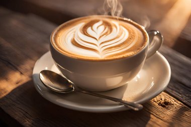 Köpüklü latte sanatıyla sıcak bir fincan kahve. Sabah güneşinde buhar yükseliyor. Sıcak bir mola için ahşap masada nefis bir içecek..