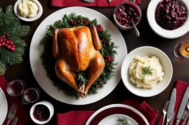 Şükran Günü kavrulmuş, kızılcık soslu hindi süsü ve koyu ahşap masa üzerinde patates püresi. Yeşilimsi bayram ortamı..