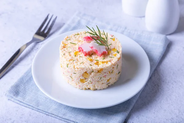 Crab Salad Corn Eggs White Plate Serving Portions Traditional Russian — Stock Photo, Image