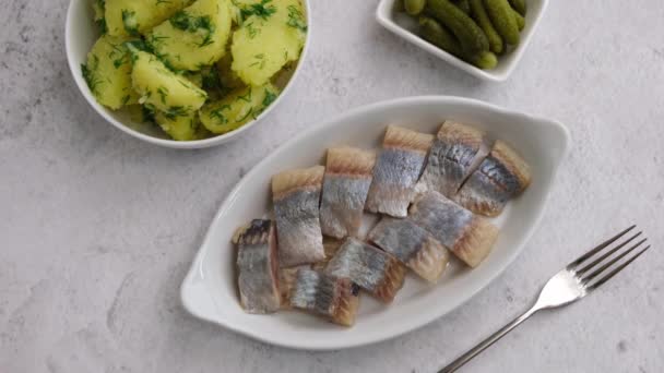 Pieces Herring Fillet Boiled Potatoes Dill Gherkins White Plate Salted — Stock Video