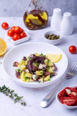 Beyaz tabakta ahtapot, patates, domates, kapari ve limon ile sıcak salata. Yakın plan, beyaz arkaplan.