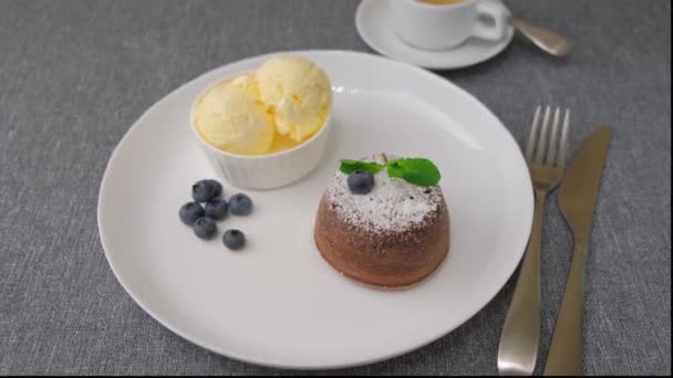 Lava Cake Dripping Filling Chocolate Fondant Cake Vanilla Ice Cream — Stock Video