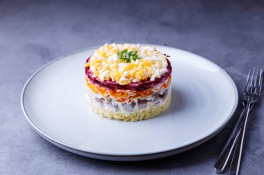 Kürk mantonun altında ringa salatası. Ringa, pancar, patates, havuç ve yumurtadan geleneksel Rus çoklu salatası. Yakın plan, gri arkaplan.