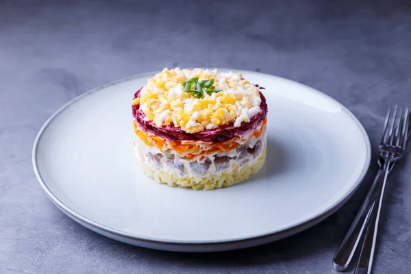 Herring Salát Pod Kožichem Tradiční Ruský Vícevrstvý Salát Sleďů Řepy — Stock fotografie