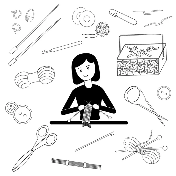 Kobieta, dziewiarskie szalik i robótek ręcznych narzędzi — Wektor stockowy