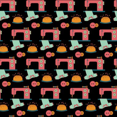 Siyah arka plan üzerinde dikiş araçları simgeleri dikişsiz desen. Giysi ve terzi aksesuarları diken dikiş makinesi