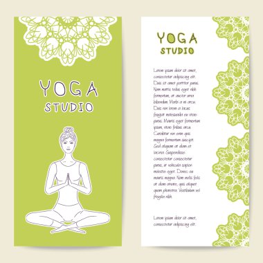 Spa merkezi, yoga stüdyosu, merkezi veya sınıf kartları şablonu. Güzel kız yogi. Vektör çizim ön ve arka yüzü.