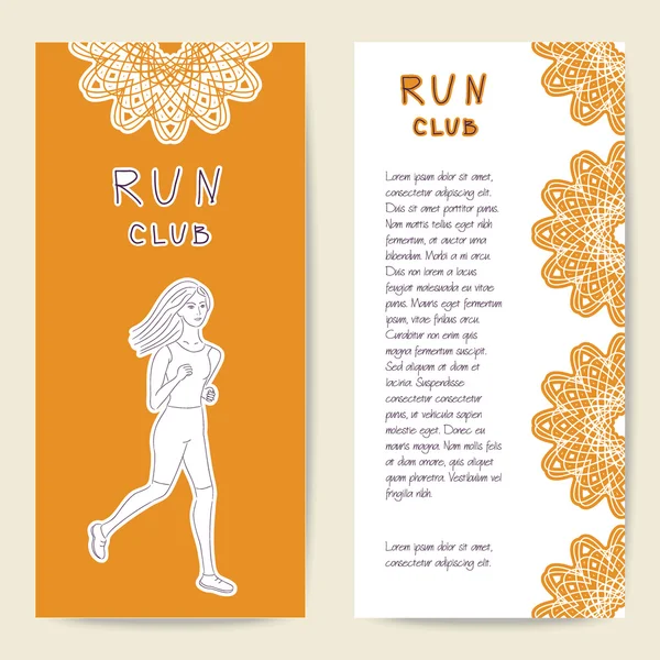 Kártyák Sport sablon Run klub, Sport-Klub és fitness. Gyönyörű lány fut. Vektoros illusztráció elülső és hátsó oldalával. — Stock Vector