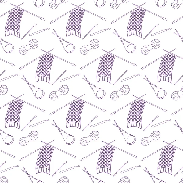 Nahtlose Muster von Strick- und Bastelsymbolen auf weißem Hintergrund. Stricknadeln, Garn, Garn, Häkelhaken — Stockvektor