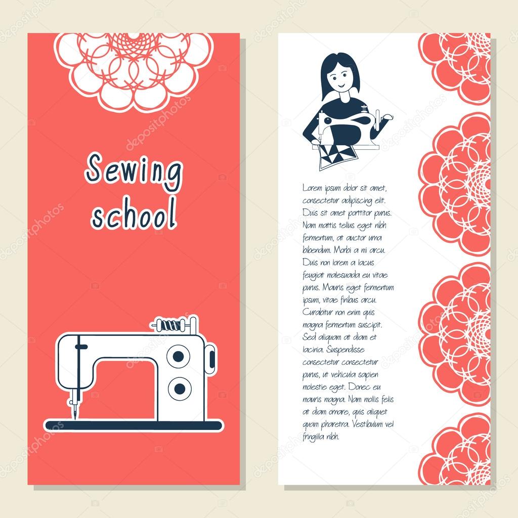 Cards template for sewing school, tailoring shop, shop sewing machines. Icon sewing girl. Vector illustration with front and back side. Set of template for poster, banner, magazine, presentation, logo