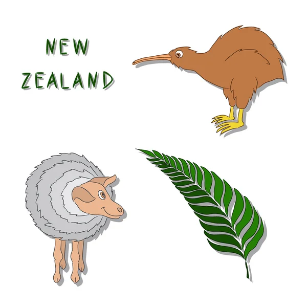 Símbolos de Nueva Zelanda. Conjunto de iconos de dibujos animados Kiwi pájaro, una oveja, una rama de helecho de plata. Ilustración vectorial dibujada a mano. Se puede utilizar para imprimir, logotipos, botones, tarjetas . — Vector de stock