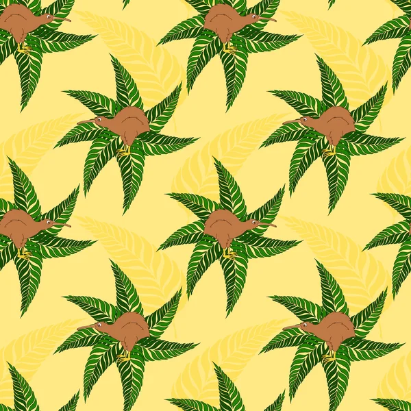 뉴질랜드 키위 새와 고사리 잎의 상징과 원활한 패턴. 디자인, 웹 사이트, 포장, 섬유, 벽지, 종이에 사용하기 위한 노란색 배경의 밝은 벡터. — 스톡 벡터