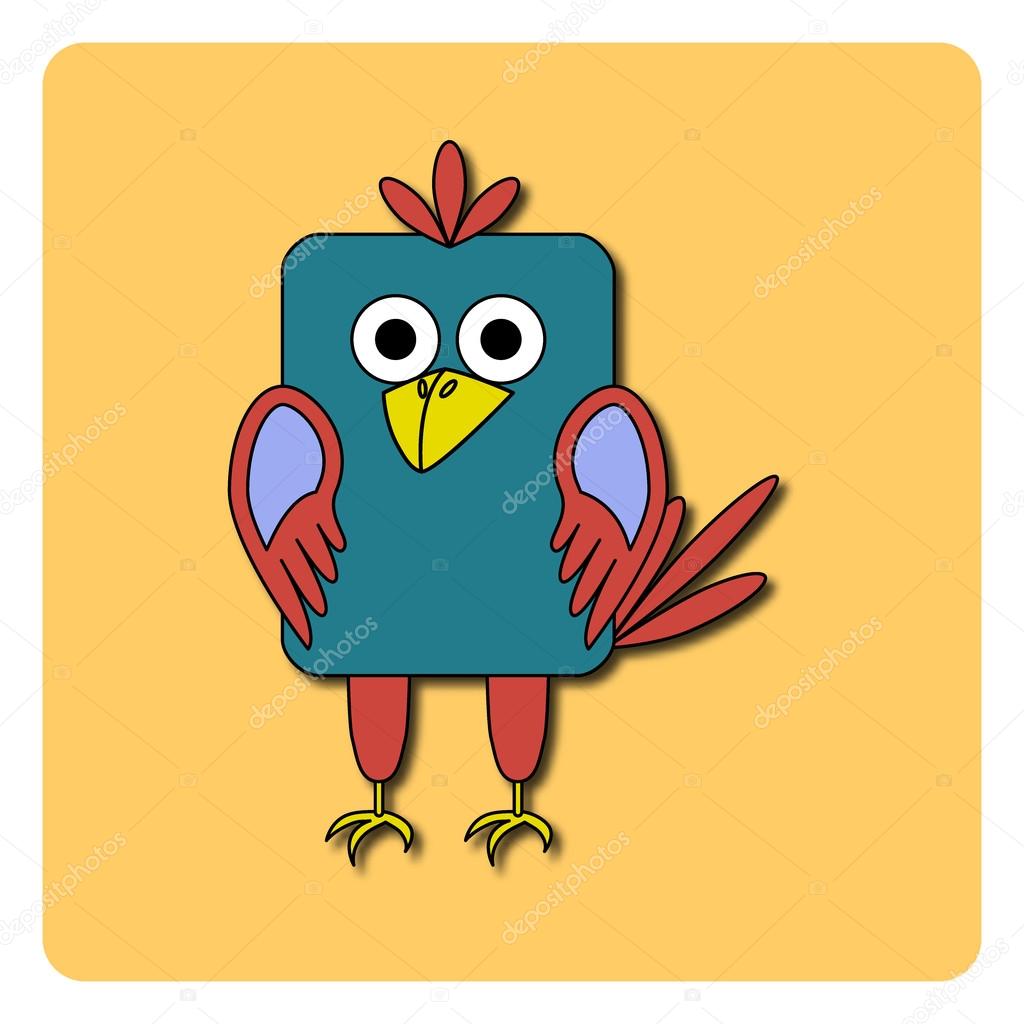 Flat bird design isolated on color background. Rounded rectangle blue and pink crow, rook, jackdaw, magpie. Funny cartoon bird. Abstract bird logo, icon, emblem, symbol. Vector illustration.