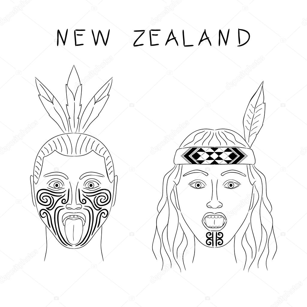 New Zealand Maori tribe a man and a woman. Traditional tattoos ta moko and hats, feathers. Militant grmasy on their faces. Vector isolated illustration. Black contour.