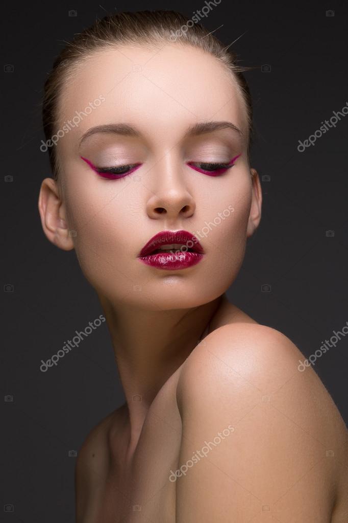 Fashion Portrait Of Perfect Woman With Red Or Maroon Lips