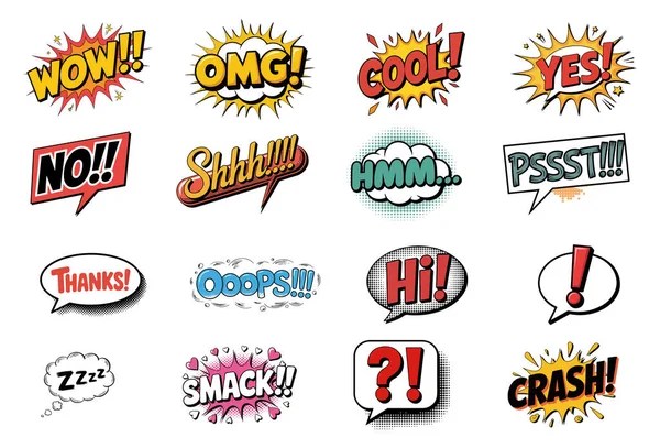 Komik Konuşma Baloncukları ve Ses Efektleri Koleksiyonu. Retro Pop Sanat Yapıştırması Seti, WOW, OMG, Havalı, EVET, HAYIR ve Yarıton Gölgeleri ile Daha Fazla Metin
