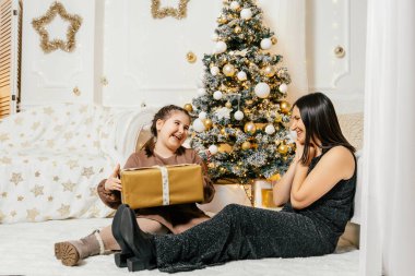 Genç bir kız yumuşak bir halının üzerinde otururken güzel bir hediye açar. Annesi süslü bir Noel ağacının yanında sevinçle izliyor, sıcak bir tatil ortamı yaratıyor..