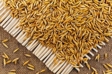 Jüt arka plan üzerinde yulaf taneleri