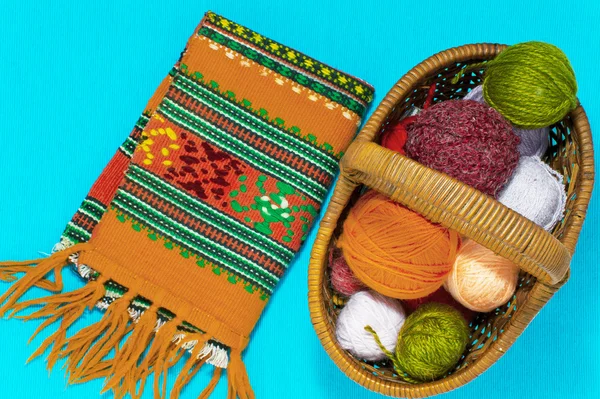 Basket with balls of wool and knitting needles — Stock Photo, Image