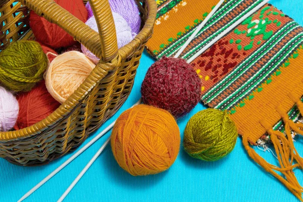 Basket with balls of wool and knitting needles