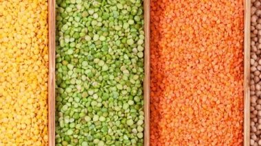 Fasulye ailesi. Sarı mercimek, bezelye yeşildir, kırmızı mercimek, nohut.