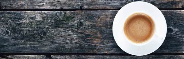 Cup Coffee Wooden Old Boards Panorama View — Stock Photo, Image