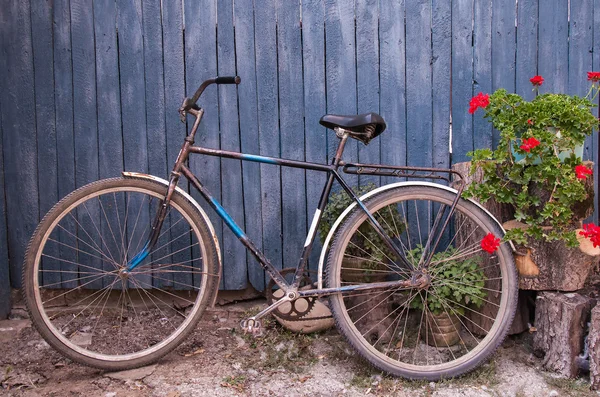 Old  bicycle near a blue wooden fence in village — Stock Photo, Image