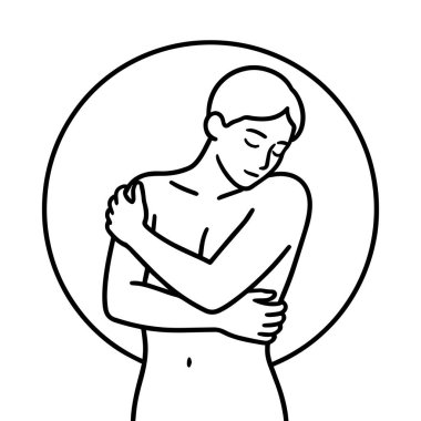 Kendini kucaklama minimalist tasviri kendini sevmeyi, iyileştirmeyi ve duygusal korumayı simgeliyor. Sakin duruşu olan temiz çizgi sanatı, yetişkin boyama kitapları, zihinsel sağlık içeriği, motivasyon posterleri ve giyim tasarımları için mükemmel..