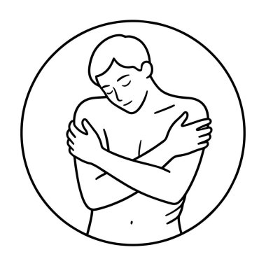 Kendini kucaklama minimalist tasviri kendini sevmeyi, iyileştirmeyi ve duygusal korumayı simgeliyor. Sakin duruşu olan temiz çizgi sanatı, yetişkin boyama kitapları, zihinsel sağlık içeriği, motivasyon posterleri ve giyim tasarımları için mükemmel..