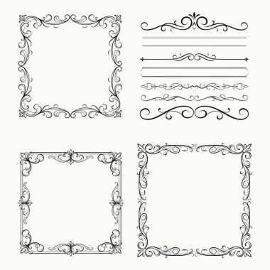 Zarif vintage arabesque süsleme sınırları ve ayırıcıları, beyaz arkaplanda siyah ana hat vektörü.