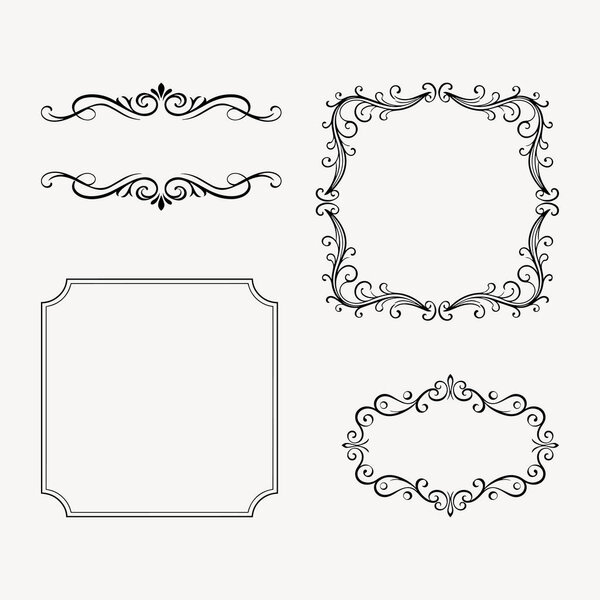 Elegant vintage arabesque ornamental borders and dividers, black outline vector on white background.