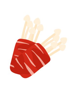 Şeffaf arkaplanda izole edilmiş çizgi film vektör illüstrasyonunda suki ve bbq içeriği için Enoki sığır eti ruloları simgesi