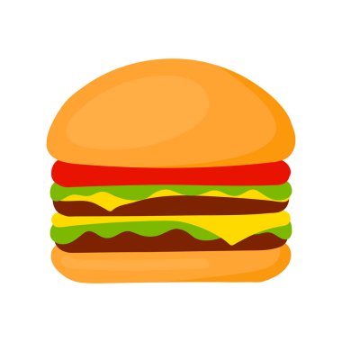 Double Beef Icon Doodle 'lı Cheese Burger. Vektör illüstrasyon düz ikon sulu lezzetli hamburger beyaz arkaplanda izole