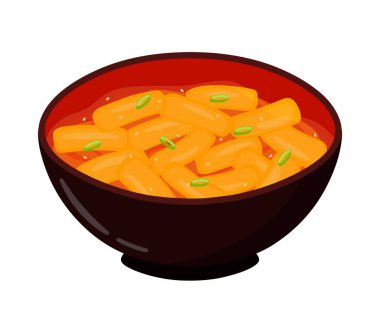 El yapımı tteokbokki Kore baharatlı pirinç kekleri şeffaf bir şekilde izole edilmiş düz vektör çizimi