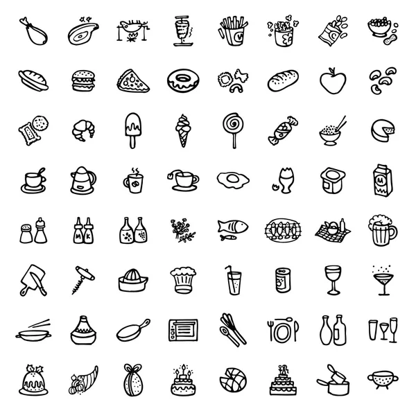 64 ícones desenhados à mão em preto e branco - ALIMENTOS E COOKING — Vetor de Stock