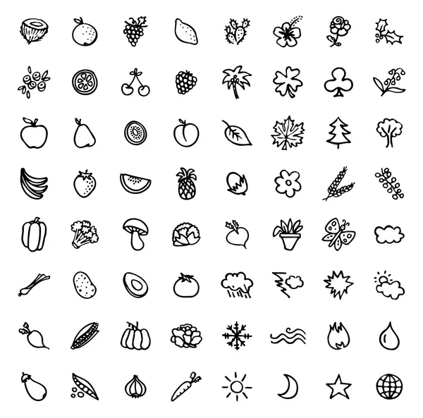 64 ícones desenhados à mão em preto e branco - PLANTAS & NATUREZA — Vetor de Stock