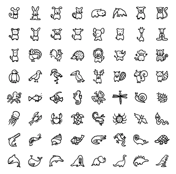 64 black and white hand drawn icons - ANIMALS — Stock Vector