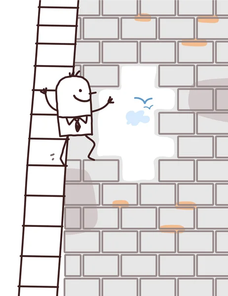 Cartoon man climbing up a wall opening — Stock Photo, Image